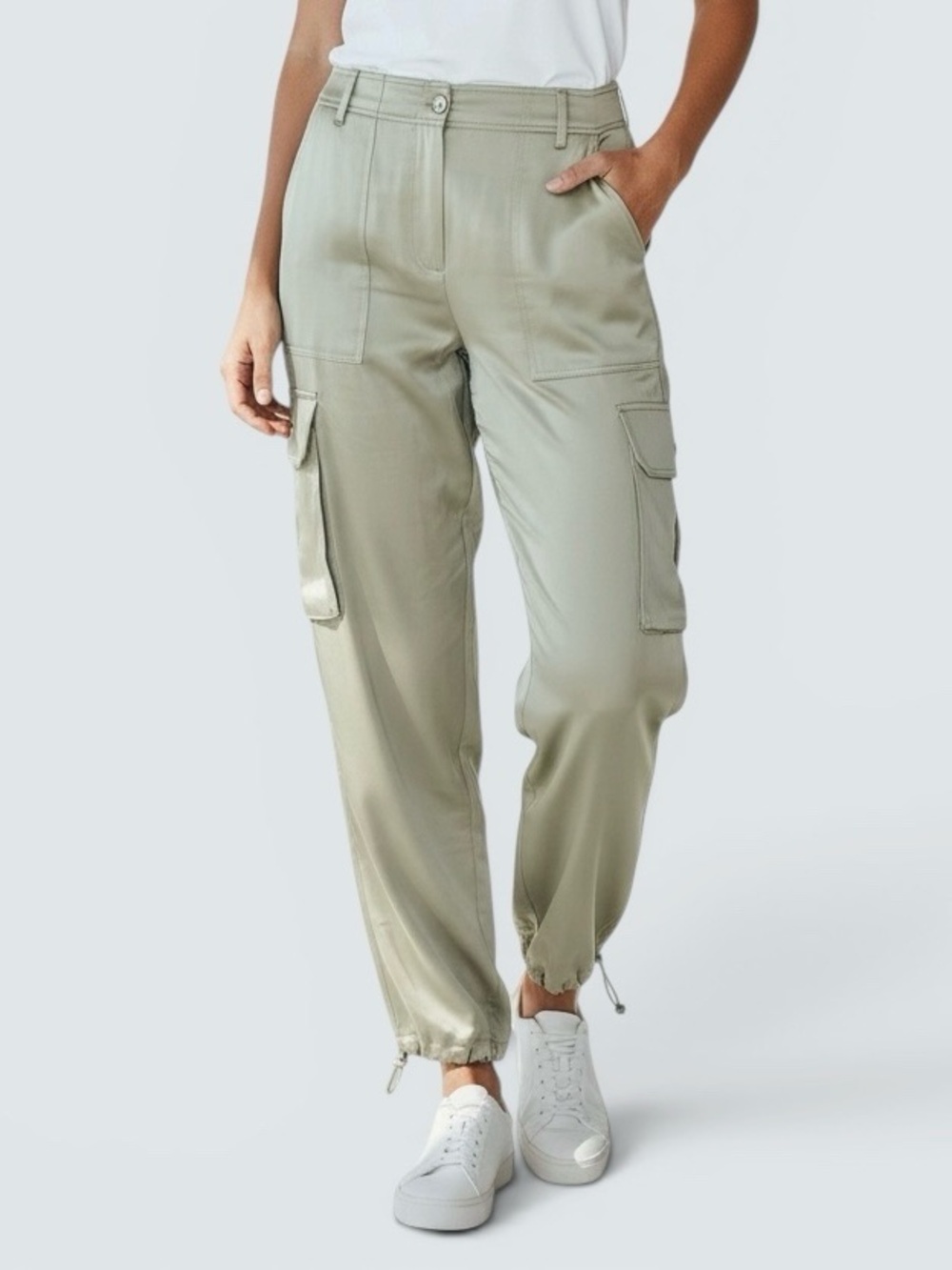 Joie Size 12 Sage Green Cargo Pants with Pockets Elastic Waistline Satin